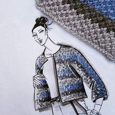 a drawing of a woman wearing a sweater and holding a purse next to a crocheted hat