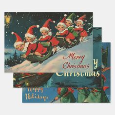 two christmas cards with children riding on sleighs in the snow and santa's help