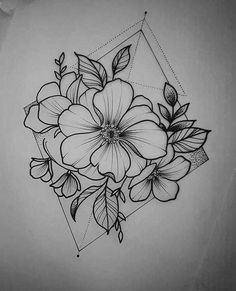 a black and white drawing of flowers with geometric shapes in the background, on a wall