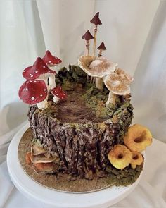 a cake with mushrooms on top of it