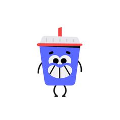 a blue cup with a straw in it's mouth and an angry look on its face