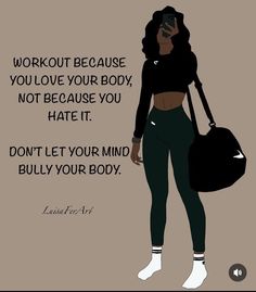 a woman in black shirt and leggings holding a bag with the words workout because you