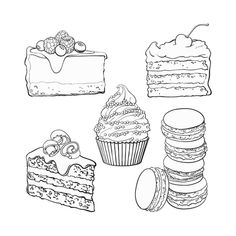 hand drawn cakes and desserts on white background, black and white illustration for coloring book