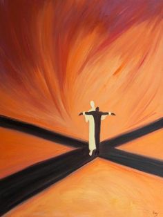 a painting of a person standing on top of a cross with his arms wide open