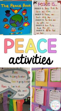 the peace activities are displayed in this collage, including posters and bulletins for kids