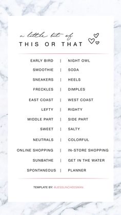 the printable list for this or that is on top of a marble countertop