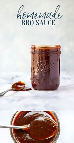 homemade bbq sauce in a glass jar with spoon