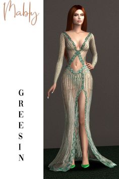 an image of a woman in a dress that is very long and has high slits