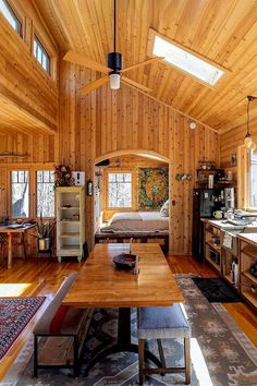 a room with wood paneling and lots of wooden furniture in the middle of it