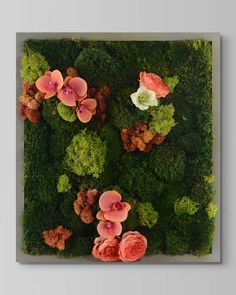 an overhead view of flowers and moss growing on the ground