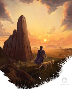 a painting of a man walking with two dogs in front of a rock formation at sunset