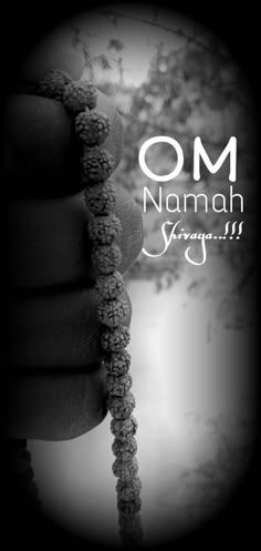 a hand holding a rosary with the words om namah surya on it