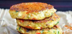 three crab cakes stacked on top of each other