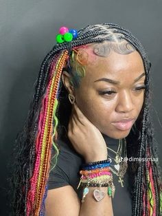 rainbow/ rainbow hair/ rainbow braids/ colorful hair/ knotless braids/ boho knotless/ bubbles/ rainbow edges/ money piece/ Black And Blonde Locs Black Women, Color Combinations Braids, Rainbow Skunk Stripe Hair, Black And Colored Braids, Rainbow Hair Black Women, Colored Braided Hairstyles, Colored Braids Hairstyles, Braided Hairstyles On Natural Hair, Colorful Braids For Black Women