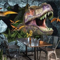 a large dinosaur head is in the middle of a room with tables and chairs around it