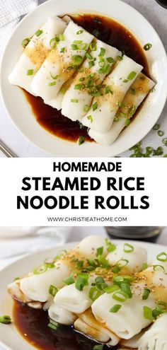 homemade steamed rice noodle rolls on a white plate