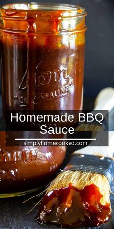 homemade bbq sauce in a jar with a brush