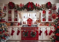 a kitchen decorated for christmas with red and green decorations on the cabinets, stove top and oven