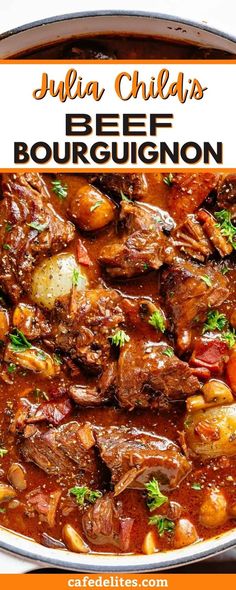 a bowl filled with beef bourgugnoni and garnished with parsley