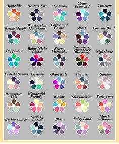 the color chart for each flower in this image is different colors and sizes, but not all