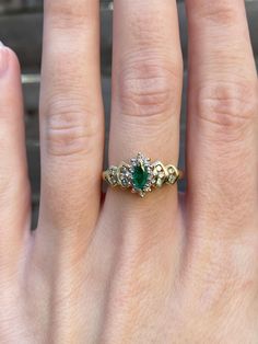 Total Weight: 3.6 grams Size: 5.75 Band Width: 1.6-10.3mm Diamonds: 1.5-1mm Emerald: 6x2.8mm Condition: In great condition showing little wear with no damage. All gold has been thoroughly checked with an Olympus XRF spectrometer. It is guaranteed 14k gold.  All our jewelry is properly washed and disinfected to ensure customers get clean items with every order.  Returns accepted but may be subjected to a restock fee.  Please message with any questions:) Vintage Engagement Rings Emerald, Vintage Emerald Rings, Antique Emerald Engagement Ring, Emerald Engagement Ring Vintage, Emerald Gold Ring, Vintage Emerald Engagement Ring, Emerald Ring Vintage, Emerald Ring Gold, Emerald Rings