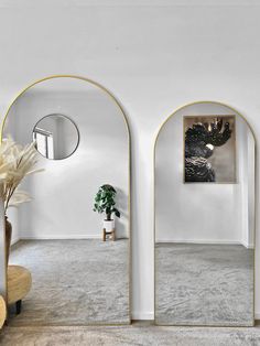 two arched mirrors in the middle of a room with a potted plant and mirror on the wall