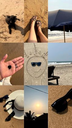 a collage of photos with sunglasses and beach items