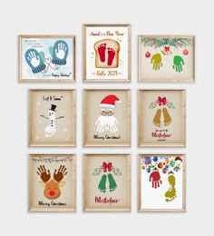 six framed christmas cards with hand and foot prints