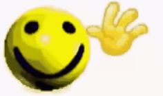 a yellow smiley face ball with one hand up