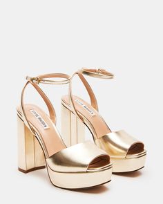 LOURDES Champagne Platform Heel | Women's Heels – Steve Madden Hoco Shoes, Snake Heels, Size 11 Women Shoes, Casual Wedges, Steve Madden Store, Strappy High Heels, Platform Block Heels, Snakeskin Heels, Metallic Heels