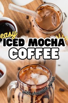 collage of iced coffee drink with text easy iced mocha coffee. Mocha Iced Coffee Recipe, Iced Mocha Recipe, Iced Mocha Coffee, Mocha Iced Coffee, Espresso Drink Recipes, Healthy Coffee Drinks, Summer Coffee Drinks, Fall Coffee Drinks, Homemade Mocha