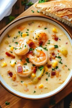 a bowl of soup with shrimp, corn and bread