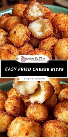 some fried cheese bites are in a blue bowl on a table with the words easy fried cheese bites