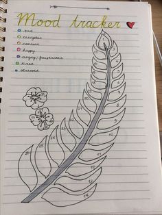 a notebook with a drawing of a leaf and flowers on it, which is labeled mood trackerr