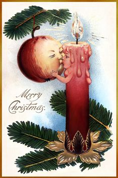 an old fashioned christmas card with a baby in a candle