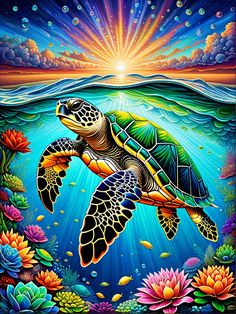 a painting of a sea turtle swimming in the ocean with flowers and plants around it