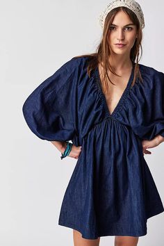 Free People Aesthetic, Mens Beach Shirts, Exaggerated Sleeves, Denim Mini Dress, Free People Denim, Denim Mini, Free People Dress, Retro Inspired, Boho Outfits