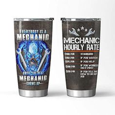 two tumblers with the words mechanic and mechanical on them, both have different designs