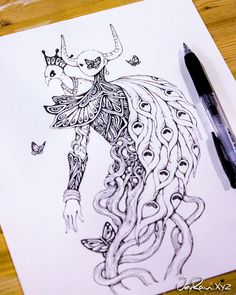 a drawing of a bull with feathers on it