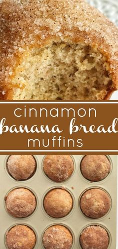 cinnamon banana bread muffins in a muffin tin with text overlay that reads cinnamon banana bread muffins