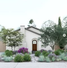 this is an artist's rendering of a house in the desert with plants and shrubs