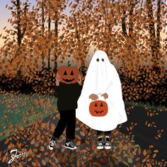 two children dressed up as ghost and pumpkins walking in the woods with leaves on the ground