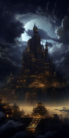 an image of a castle in the sky at night with clouds and lights around it