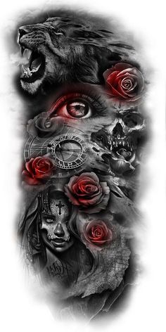 a tattoo with roses and skulls on it