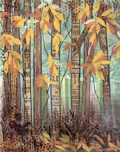 a painting of trees with yellow leaves on them and the words'no parking'written in large letters