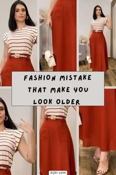 a collage of photos showing different ways to wear a red midi length skirt and white striped top