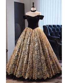 Get 10% off now! Buy black and gold embroidered ballgown prom dress off shoulder at cheap price online. Free stable shipping and pro custom service since 2009. Gold Ball Dresses, Black And Gold Ball Gown, Black And Gold Prom Dress, Black And Gold Gown, Prom Dress Off Shoulder, Ballgown Prom Dress, Winter Gowns, Golden Gown, White Gold Dress