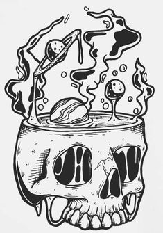 a black and white drawing of a skull with liquid coming out of it's mouth