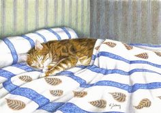 a drawing of a cat sleeping on a bed