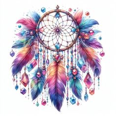 a drawing of a colorful dream catcher with feathers and jewels on the side, in watercolor